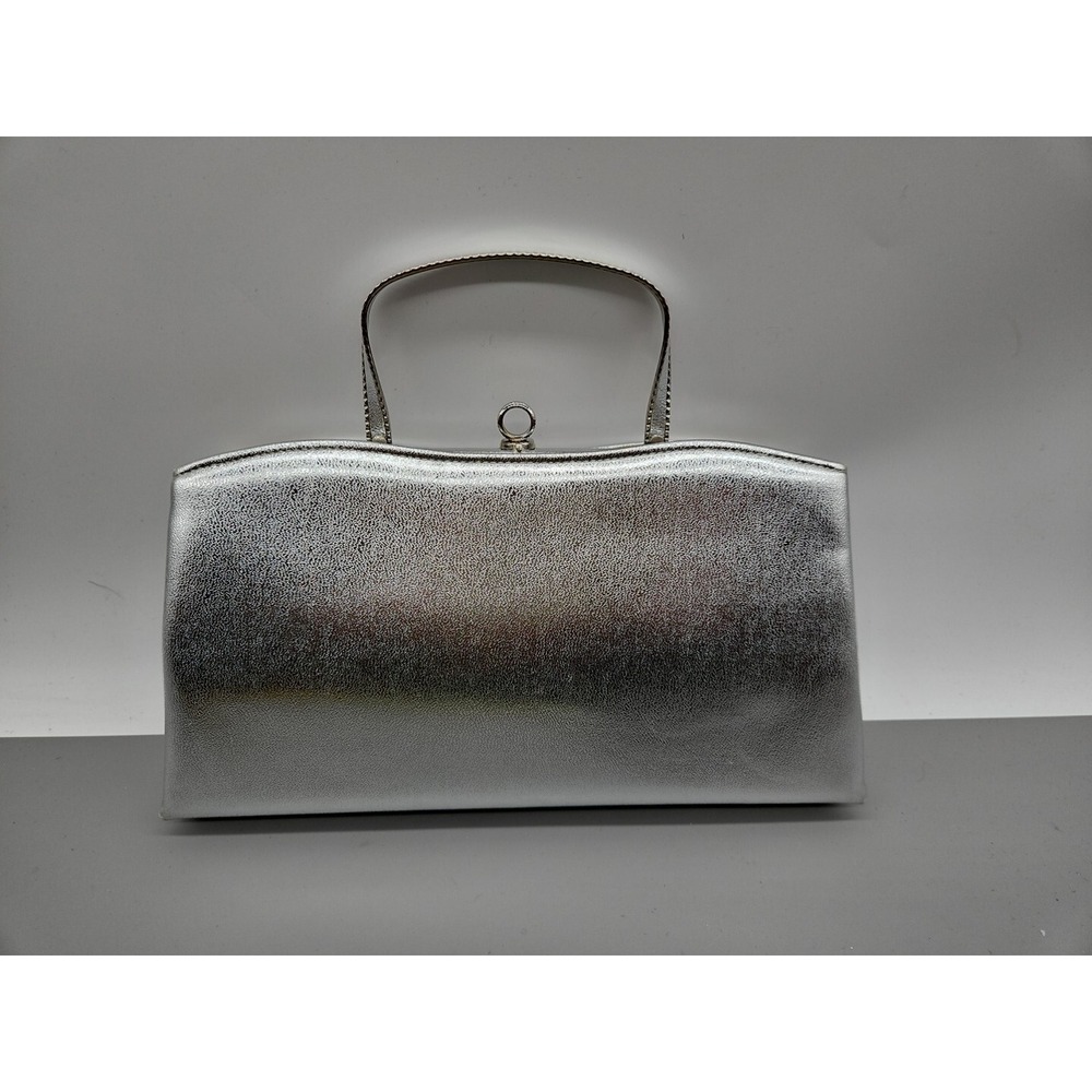 Vintage Ande Evening Clutch Metallic Silver Tuck Away Metal Handle Snap Closure